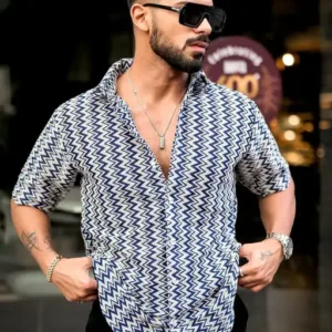 NAVY ZIG-ZAG STRIPED CROCHET SHIRT